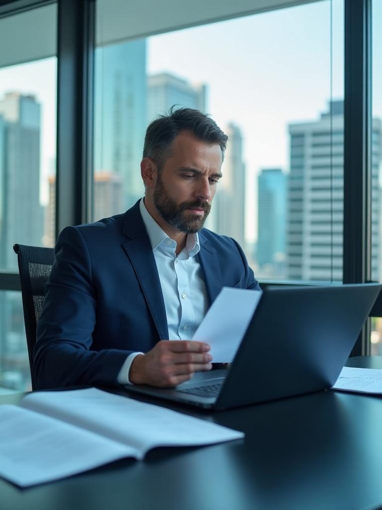 Bridging loan expert reviewing finance documents in Brisbane office