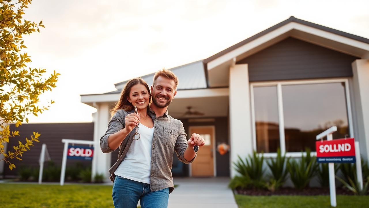 Happy Australian couple holding keys in front of their new home with a 'Sold' sign at the previous property, illustrating buy before you sell bridging finance