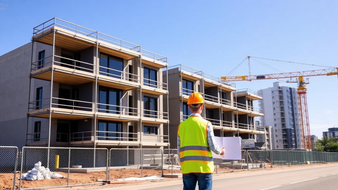 Brisbane property developer in a hi-vis vest reviewing plans at a townhouse construction site, funded by bridging loans for property developers