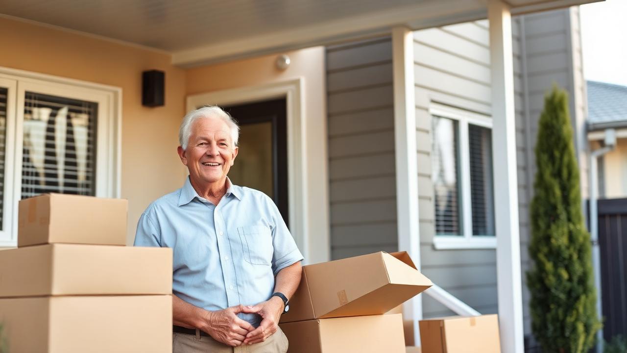 Mature couple smiling on the porch of a smaller modern Brisbane townhouse with moving boxes, using a bridging loan for downsizers