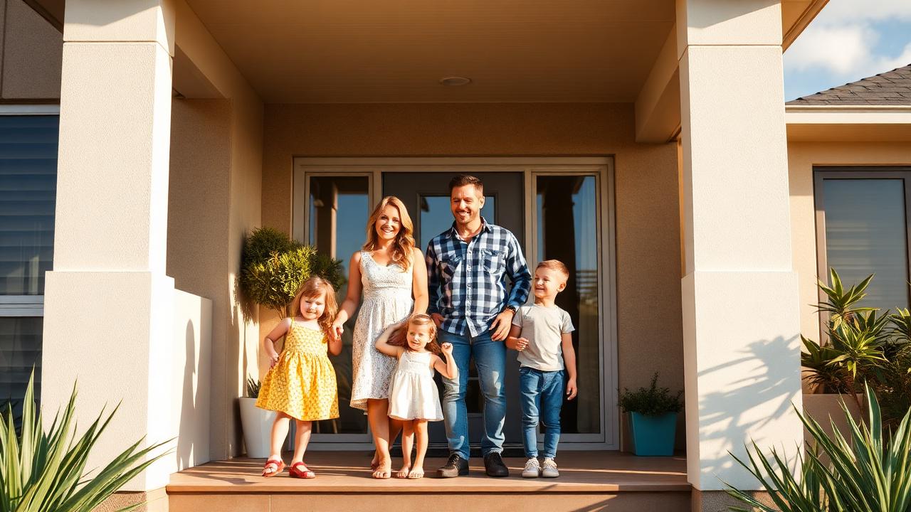 Australian family on the porch of a modern suburban Brisbane home, representing bridging finance for homeowners