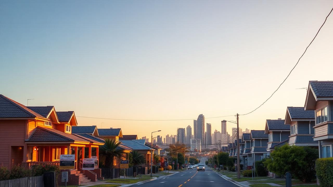 Australian suburban street at golden hour with the Brisbane CBD skyline, illustrating how bridging loans work in Australia