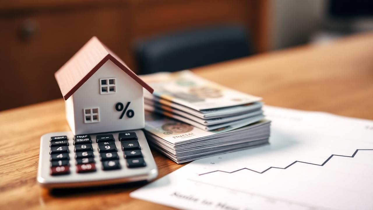 Financial calculator with a percentage symbol, a model house and a stack of Australian dollar notes representing bridging loan interest rates in Australia