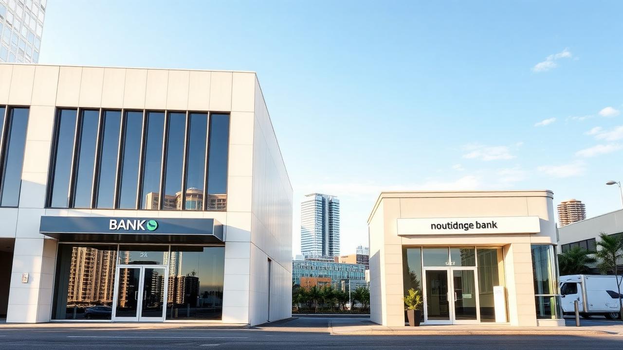 Modern Australian bank building next to a boutique non-bank lender office with the Brisbane skyline behind, representing bridging loan lenders in Australia