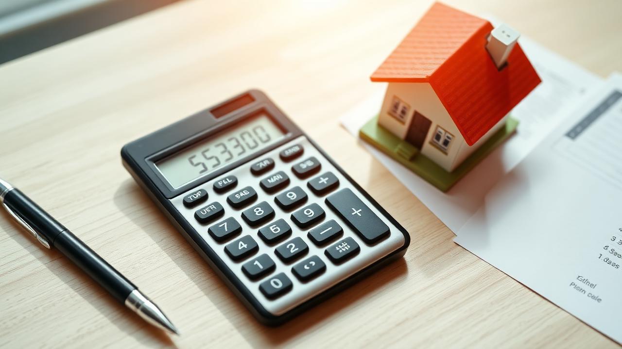 Calculator showing a bridging loan repayment figure beside a model house and a printed amortisation schedule