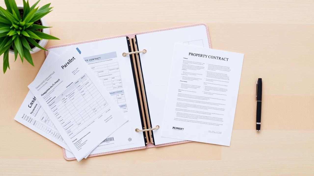 Flat-lay of a loan application folder with payslips, bank statements, ID and a property contract — the documents required for a bridging loan in Australia