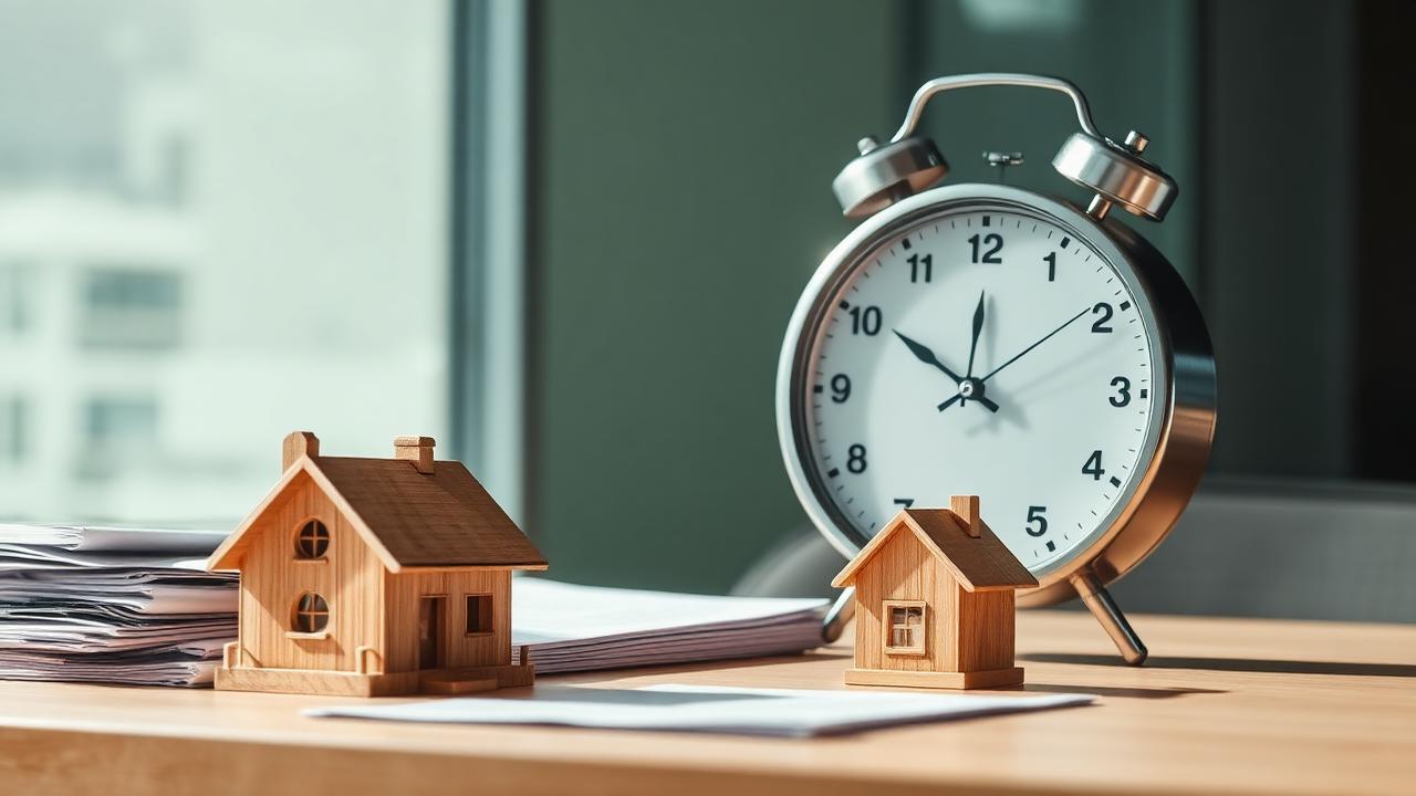 Wall clock beside a small wooden model house and property documents, symbolising short-term property bridging loans in Australia