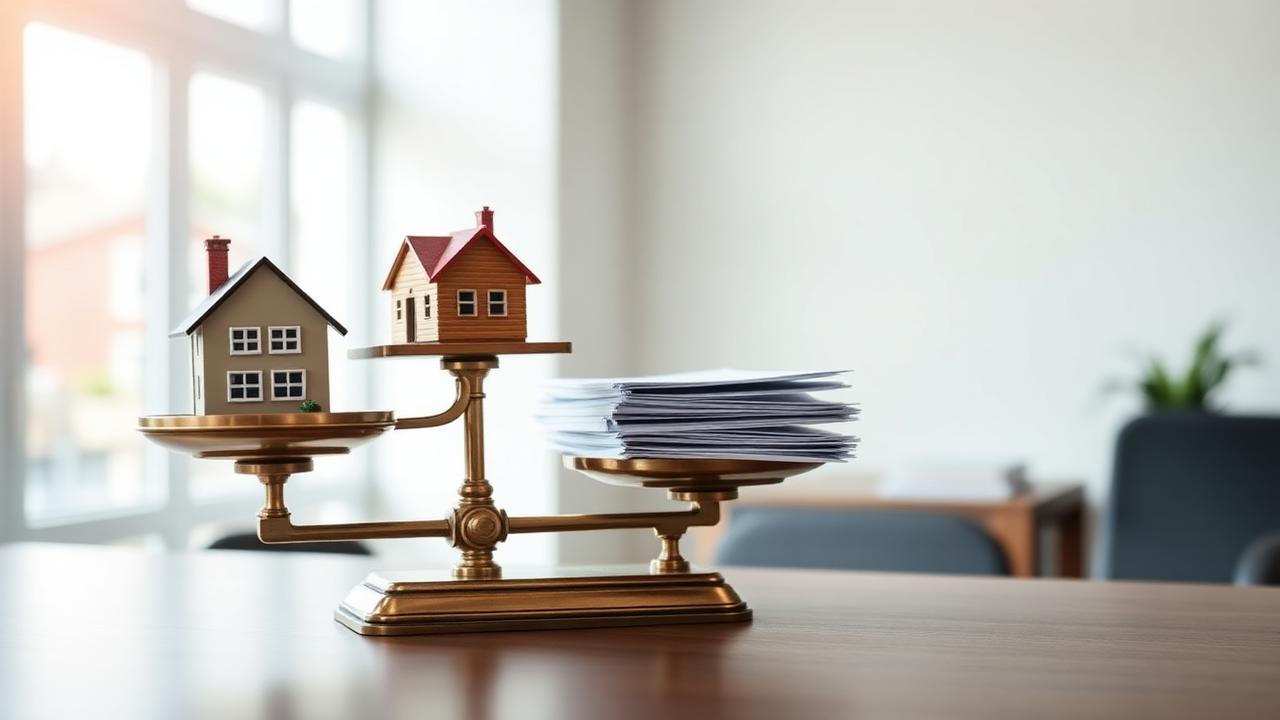 Brass balance scale weighing a model house against a stack of mortgage documents, comparing a bridging loan vs a home loan