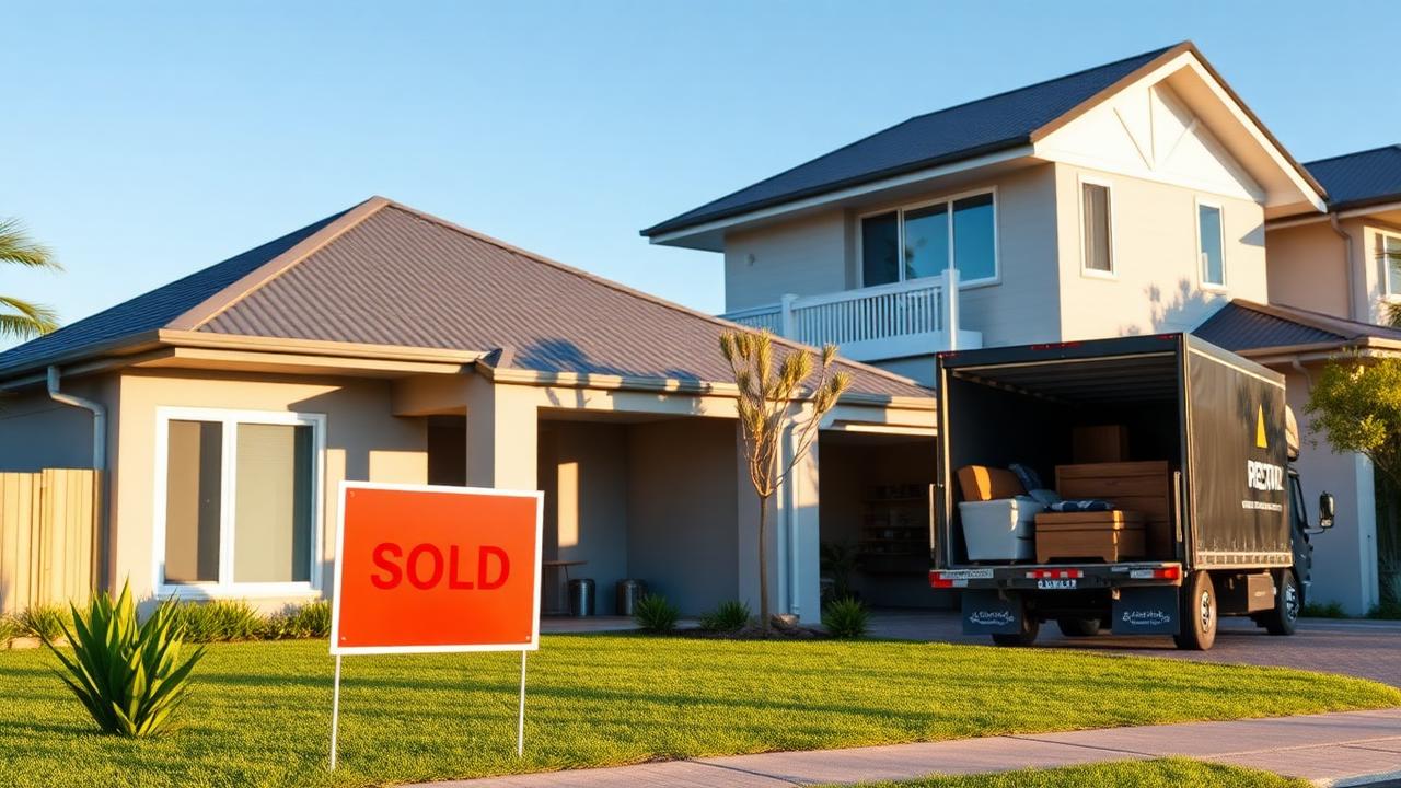Brisbane home with a 'Sold' sign and a moving truck unloading furniture, illustrating what a bridging loan helps you do