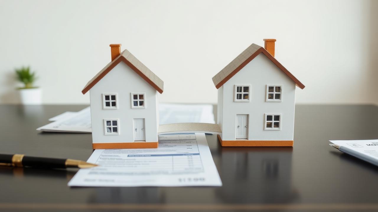 Two model houses linked by a paper bridge on a desk with a mortgage statement, illustrating a bridging loan taken with an existing mortgage
